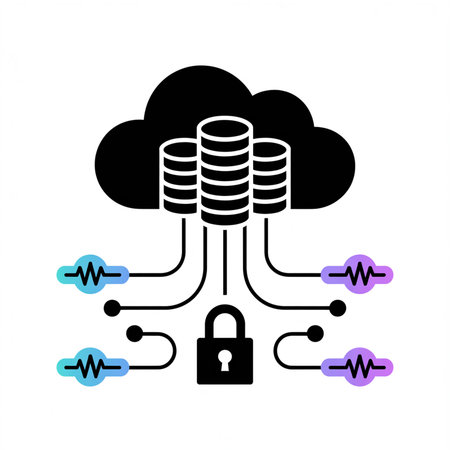Black vector illustration depicting three black database servers within a black cloud connected to a black padlock via lines and small teal and purple pulse icons.のイラスト素材