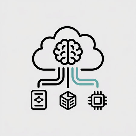 Simple line art illustration featuring a brain inside a cloud connected to a microchip data cube and document via teal and black lines on a light gray background.のイラスト素材