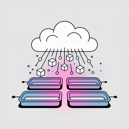 A simple line art illustration depicts data cubes transferring from a white cloud to four servers with a pink and blue gradient.  The style is clean and minimalist.のイラスト素材