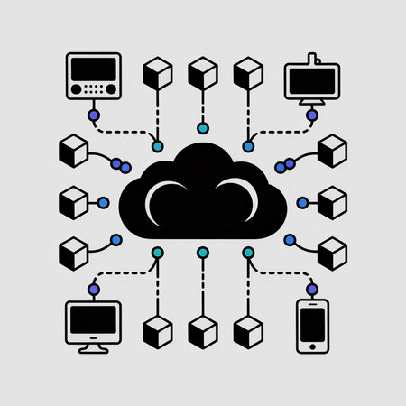A symmetrical illustration depicts a black cloud at the center connected to various devices via lines and cubes in blue and teal hues against a light gray backdrop.のイラスト素材