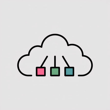 Three pastel colored blocks connected by lines to a central cloud symbol against a light grey background simple graphic styleのイラスト素材