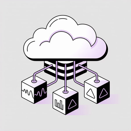 Black and white stylized illustration depicting a cloud connected to three data cubes via a central...