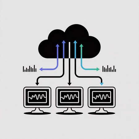 Three black computer monitors display waveforms connected to a black cloud by multicolored arrows depicting data upload and download.  The style is minimalist and abstract.のイラスト素材