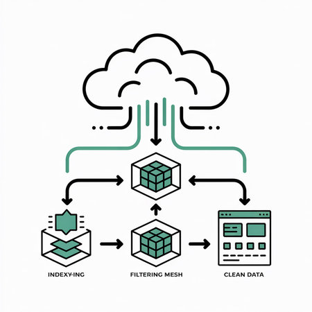 A simplified line art diagram depicts a data ingestion workflow using teal and black lines against a white background.  The process shows data moving from a cloud source through indexing, a filtering mesh, and finally to clean data.のイラスト素材