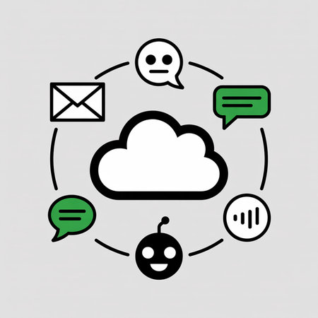Minimalist illustration depicting a white cloud with black outline at center surrounded by green and black speech bubbles email and robot icons connected by circular lines on a light grey backgroundのイラスト素材