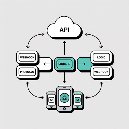 Teal and gray illustration showing data flow between API cloud service and mobile devices via webhook protocol and logic components.  Clean lines and simple shapes.のイラスト素材