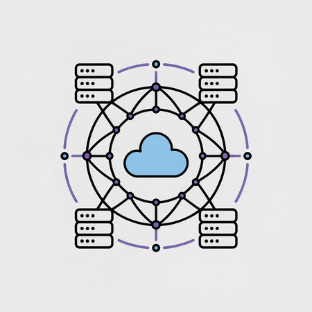 Four grey servers connected to a light blue cloud via a dark purple network on a white background.  Vector illustration style.のイラスト素材