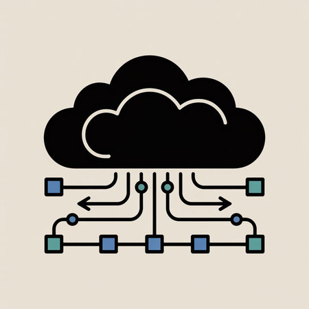 Black cloud icon with teal blue and dark blue network connections and arrows showing data transfer...
