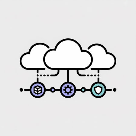 Minimalist vector illustration featuring three white clouds connected to a data cube, gear, and security shield via dashed lines on a grey background with light purple and teal accents.のイラスト素材