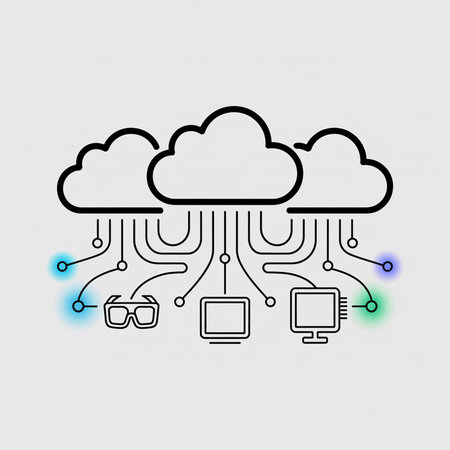 Three black outline clouds connected to three devices and VR glasses via circuit lines and light...