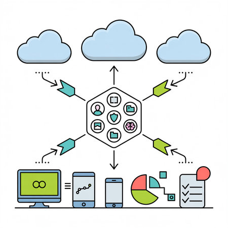 Line art illustration depicting three light blue clouds connected to a central hexagon with data security and management icons linked to a desktop computer, smartphone, tablet, and checklist.  Teal and green arrows show data flow.のイラスト素材