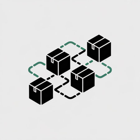 Four black isometric boxes are connected by teal dashed lines against a light gray background creating a simple network graphic.のイラスト素材