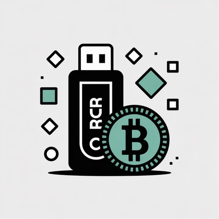 A minimalist illustration depicts a black USB drive labeled CRCR next to a teal Bitcoin coin on a light gray background with small geometric shapes.のイラスト素材
