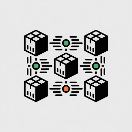 Isometric black boxes connected by lines and colored circles on a light gray background.  Minimalist...