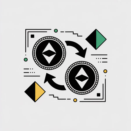 Two black Ethereum coins with curved arrows indicating exchange are centrally positioned against a light gray background.  Geometric shapes in yellow and green accent the design.  The style is minimalist and vector-based.のイラスト素材