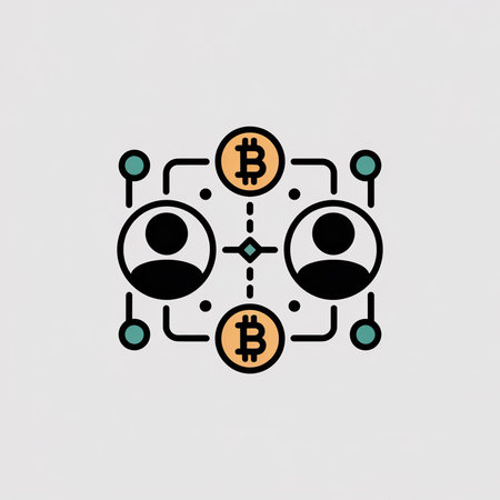 Simple vector illustration featuring two black user icons connected by lines and orange Bitcoin...