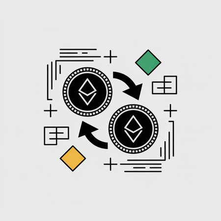 Two black Ethereum coins with a central diamond symbol are shown exchanging via curved arrows against a light grey background with minimal yellow and green geometric shapesのイラスト素材