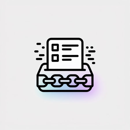 A simple black line art vector icon shows a document with checkboxes entering a box secured by a chain link against a light gray background with a subtle pastel gradient effect on the box.のイラスト素材
