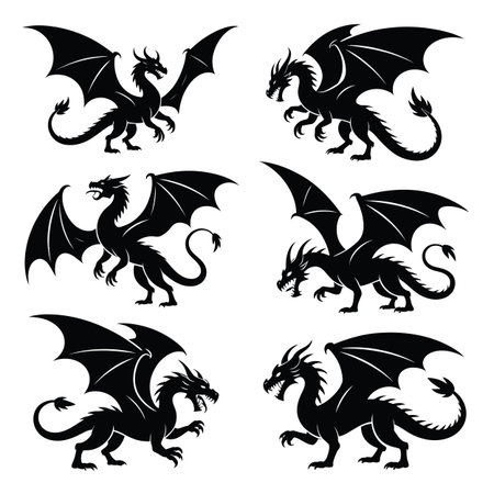 Six distinct black dragon silhouettes with spread wings are presented on a white background.のイラスト素材