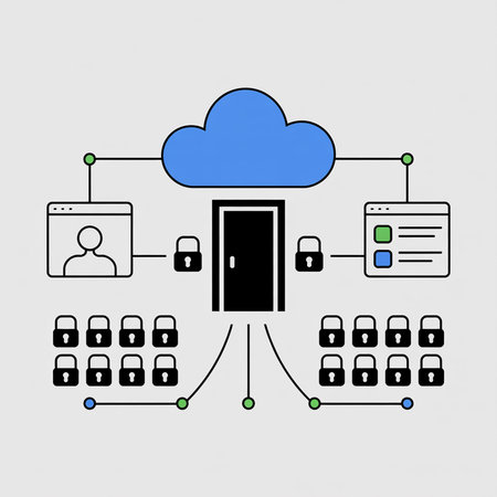 Abstract graphic depicting a secure network gateway with a blue cloud, black door, multiple...