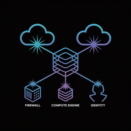 Teal and purple line art network diagram on black background depicts cloud computing connections to central hexagon.  Simple style.のイラスト素材