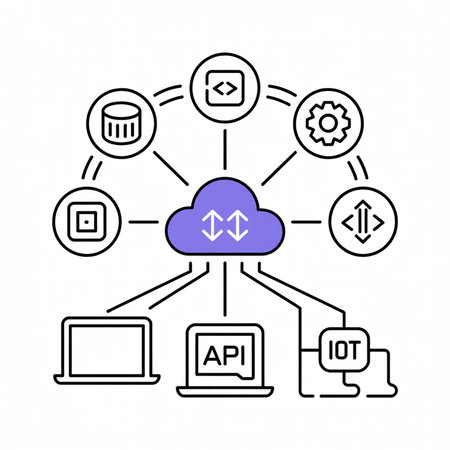 A line art illustration depicts a purple cloud at the center connected to various icons representing API, IoT, data storage, and coding.  Lines show data flow.のイラスト素材