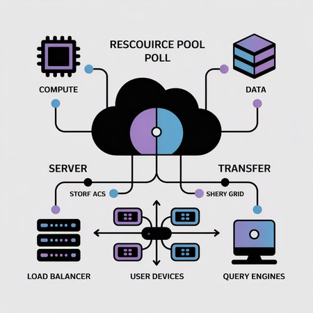 Abstract diagram showing a black cloud server at the center connected to various components via lines in black purple and blue depicting data transfer and resource allocationのイラスト素材