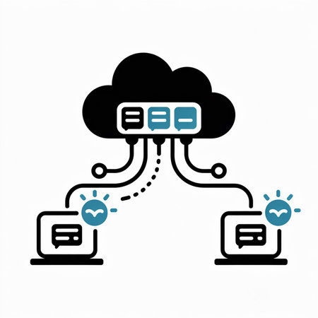 Black and teal illustration showing data transfer between two laptops and a central cloud server...