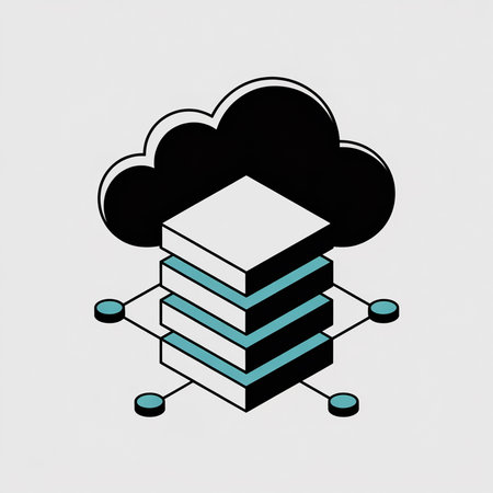 Teal and white cubic data servers connected by lines under a black cloud graphic on a light gray background simple graphic styleのイラスト素材