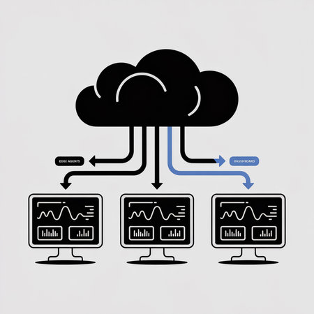 Black cloud server illustration three black desktop monitors displaying waveform data connected by lines indicating data flow to edge agents and a vash board.のイラスト素材