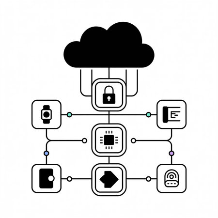 A monochrome network diagram illustrates cloud-based data security.  Icons represent a smartwatch, microchip, home access, fingerprint scanner, and secure document access, all connected to a central cloud security system.のイラスト素材