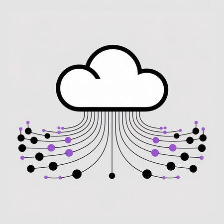 Minimalist vector illustration depicting a white cloud with black outline connected to numerous black and purple data points via thin black lines against a light gray background.のイラスト素材