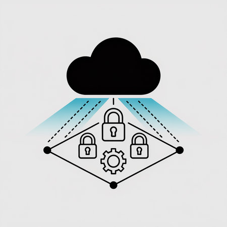 Abstract vector illustration depicting a black cloud icon connected to three padlocks and a gear via a network of lines light blue rays emanate from the cloudのイラスト素材