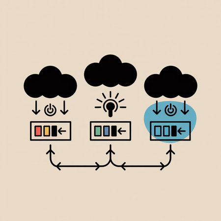 Beige background diagram showing three black cloud servers connected via arrows with colored rectangles and power symbols illustrating high availability zone data server concept.のイラスト素材