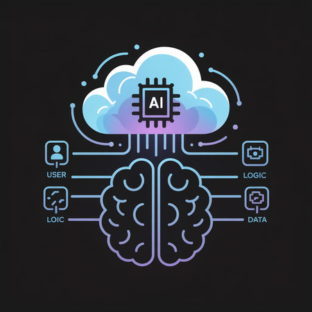 A stylized illustration depicts a light blue cloud containing a microchip labeled AI connected to a...