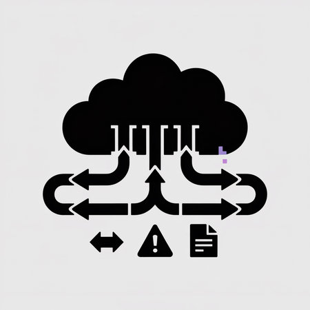 Black cloud icon with arrows indicating data flow in all directions below a document and warning symbol. Minimalist style on a light gray background.のイラスト素材