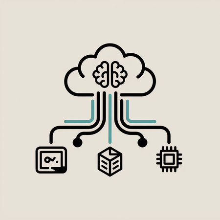 Black and teal line art depicts a cloud with a brain connected to a computer screen data cube and microchip via lines.のイラスト素材