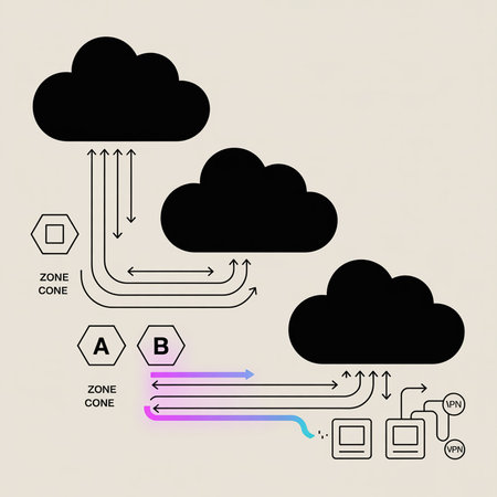 Beige background features three black clouds connected by lines and arrows depicting data flow. Gradient colored data streams and zone cone labels are included.  Minimalist style.のイラスト素材