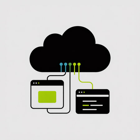 Black cloud icon connected to two web pages via colored lines lime green teal and dark teal  minimalist style simple graphicのイラスト素材