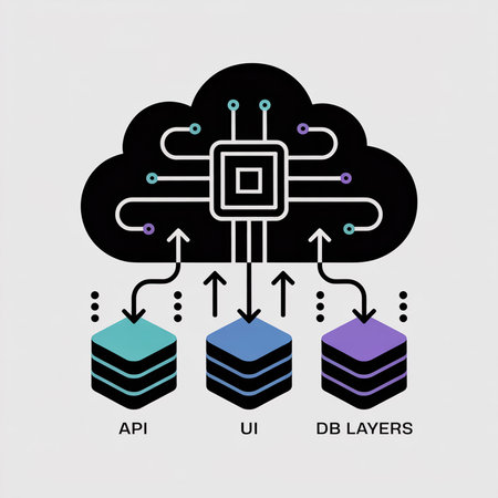Black cloud computing architecture diagram vector illustration with teal blue and purple data cubes labeled API UI DB layers connected by arrows.のイラスト素材
