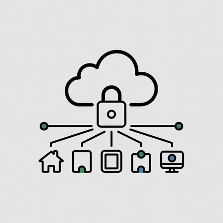 Black line art illustration depicting a secured cloud connected to various devices via lines A padlock is at the center of the cloud.  The style is simple and minimalist.のイラスト素材