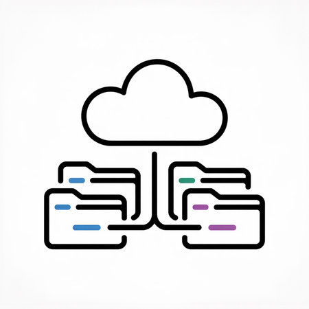 Line art illustration depicting a cloud server connected to multiple color-coded data folders via a branching network structure.  Teal, purple, and blue accents highlight the folders.のイラスト素材