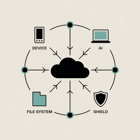 A minimalist diagram on a beige background illustrates data flow in a cloud computing system.  A black cloud is centrally positioned with teal-accented icons and arrows indicating connections to devices, AI, file systems, and a security shield.のイラスト素材
