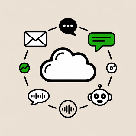 Minimalist illustration on beige background depicts a white cloud connected to various communication icons including green speech bubbles, black chat icons, email envelope, robot head, and audio waveforms.のイラスト素材