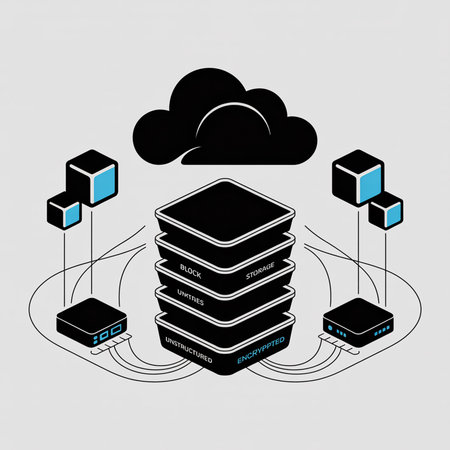 Isometric illustration depicting data backup infrastructure A black cloud server and storage units...