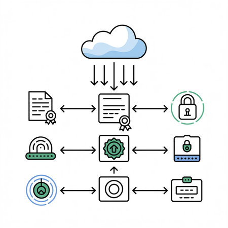 A clean diagram depicts a data security system using blue cloud, green and black line icons on a white background illustrating cloud data transfer to secured documents and credentials via fingerprint and password authentication.のイラスト素材