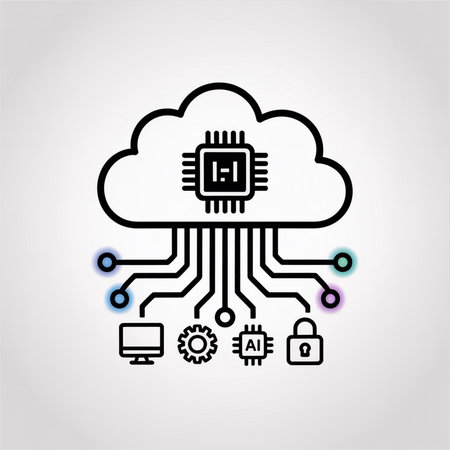 Light gray background features a black outline illustration of a cloud with a microchip inside connected to computer icons AI and security lock via circuit lines.のイラスト素材