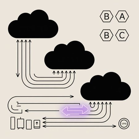 Three black cloud icons on a beige background are connected by black arrows indicating data flow A lavender double arrow represents a VPN connection Simple graphic styleのイラスト素材
