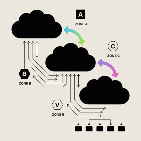 Three black cloud server zones with data transfer arrows illustrating data flow between zones and multiple users connected to Zone B. Minimalist style.のイラスト素材