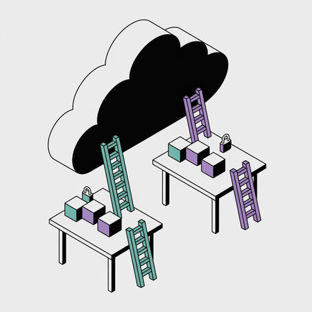 Isometric illustration depicting two tables with teal and purple ladders leading to data cubes under...